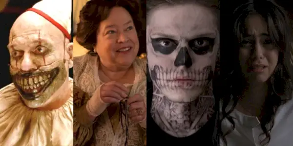 Na obrázkoch vedľa seba sú klaun Twisty, Delphine LaLaurie, Tate Langdon a sestra Maria v American Horror Story.