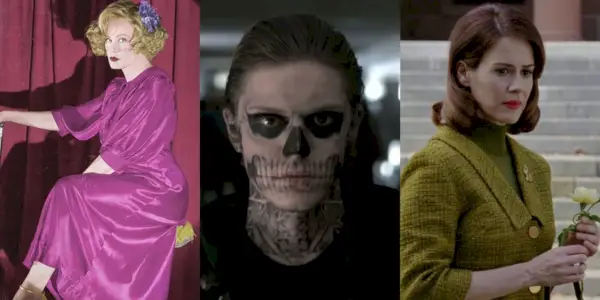 Vedľa seba obrázky postáv American Horror Story vrátane Elsy vo Freak Show, Tatea vo Vražednom dome a Lany v azyle