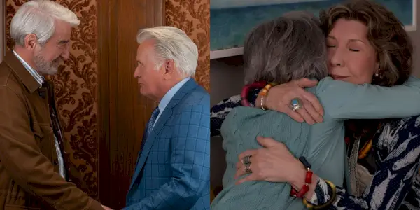 Rozdelený obraz Sol a Roberta a Frankie a Grace objímajúcich sa s Grace a Frankie.