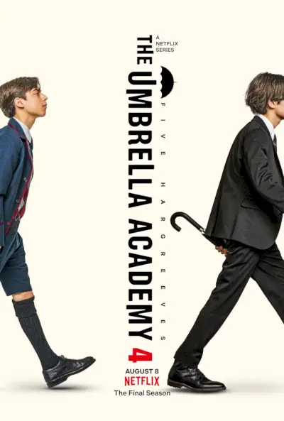 Plagát Umbrella Academy 4. sezóny zobrazujúci päť kráčajúcich