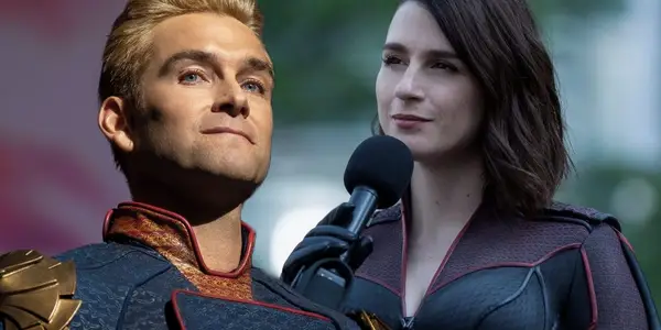 Antony Starr as Homelander and Aya Cash as Stormfront in The Boys montage.