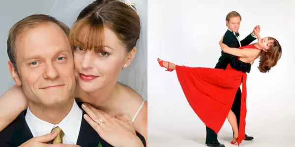 Delt billede, der viser Niles og Daphne, der poserer til et billede under deres bryllup og danser i Frasier